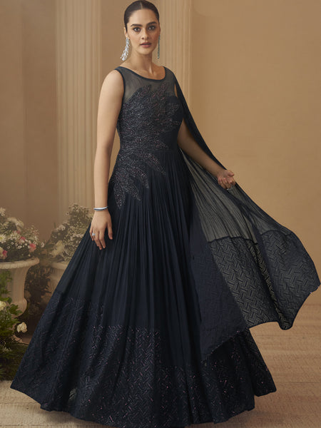Deep Navy Blue Chinon Silk Embroidered  Trendy Wedding Look Stylish Gown