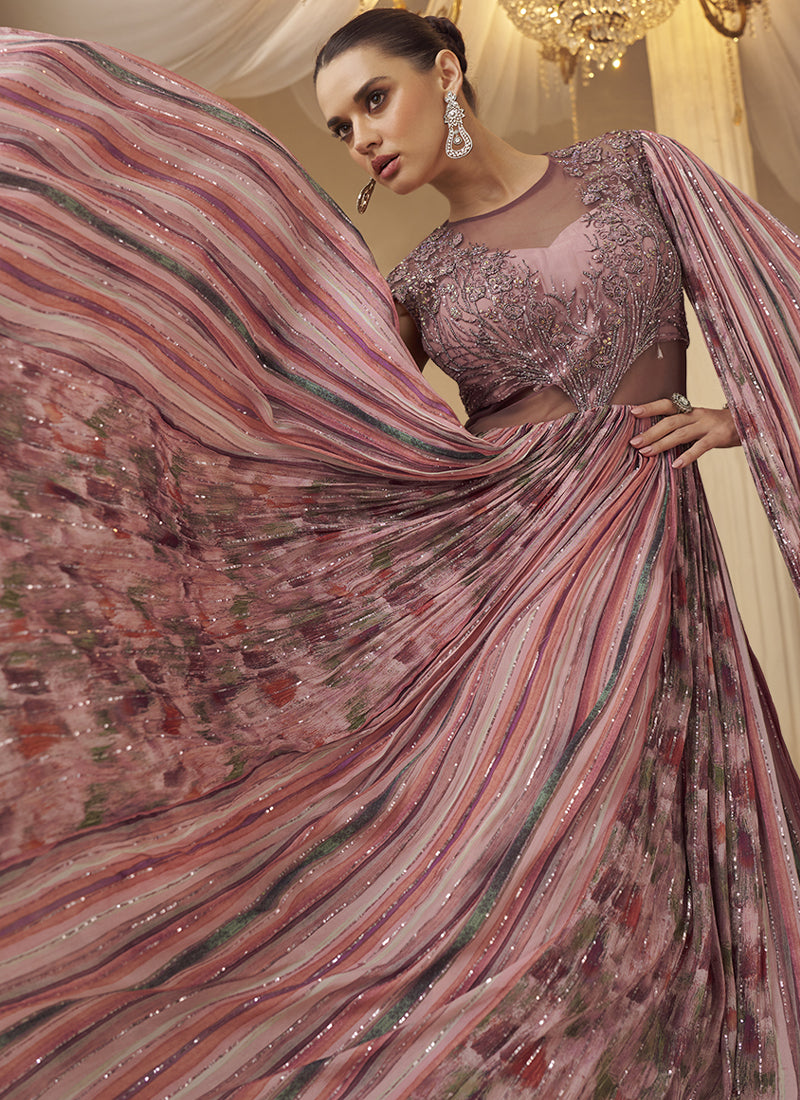 Onion Pink Chinon Silk Embroidered  Trendy Wedding Look Stylish Gown
