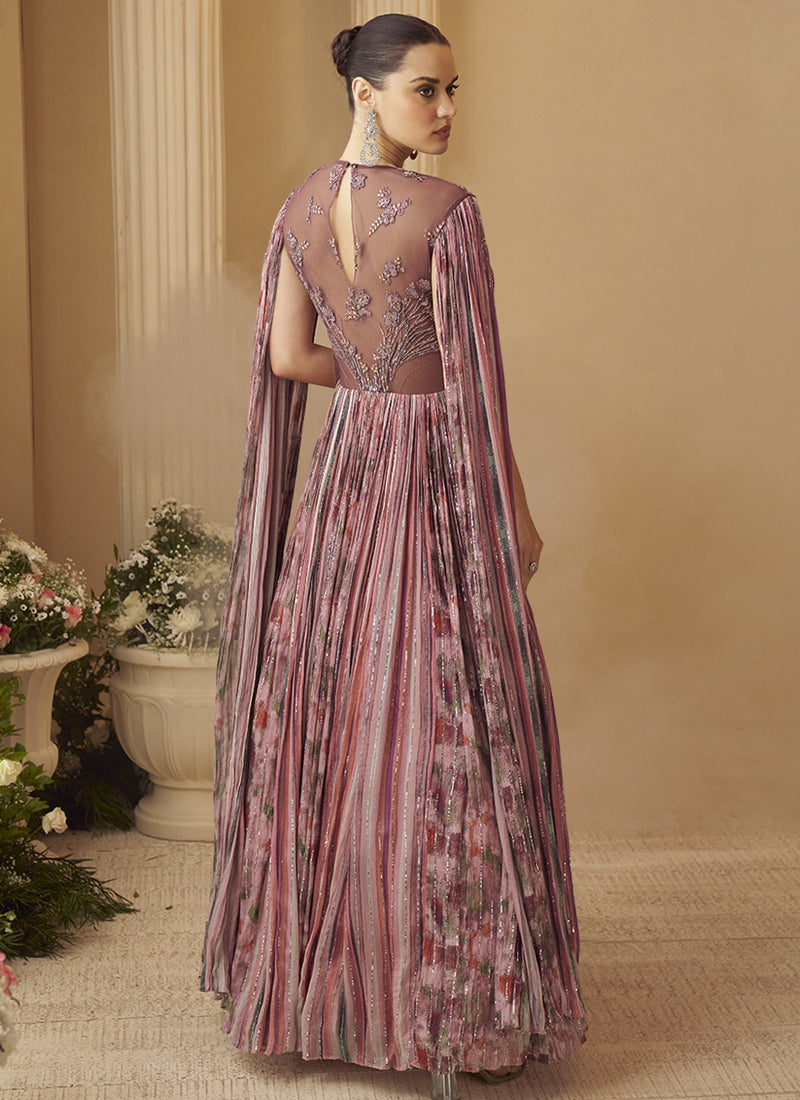 Onion Pink Chinon Silk Embroidered  Trendy Wedding Look Stylish Gown