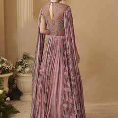 Onion Pink Chinon Silk Embroidered  Trendy Wedding Look Stylish Gown