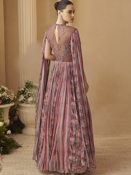 Onion Pink Chinon Silk Embroidered  Trendy Wedding Look Stylish Gown