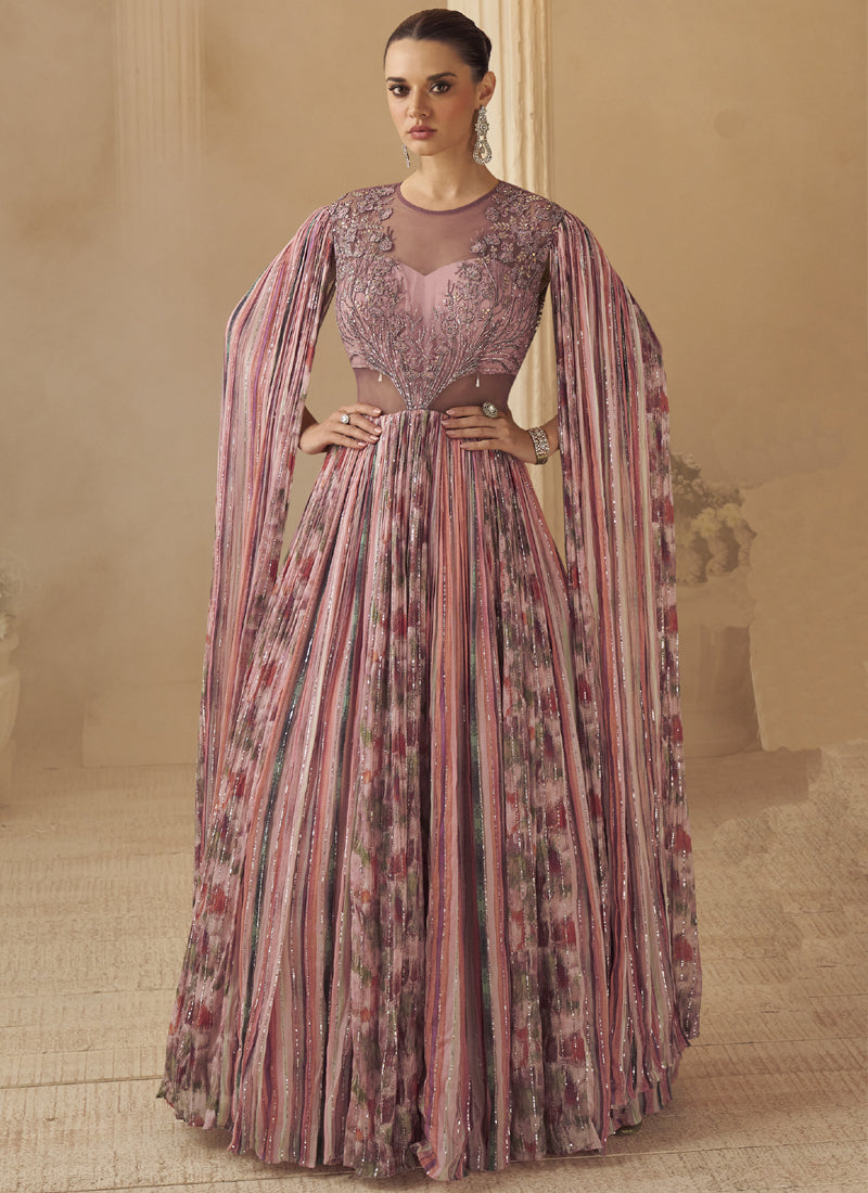 Onion Pink Chinon Silk Embroidered  Trendy Wedding Look Stylish Gown