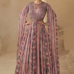 Onion Pink Chinon Silk Embroidered  Trendy Wedding Look Stylish Gown