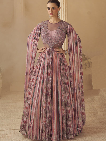 Onion Pink Chinon Silk Embroidered  Trendy Wedding Look Stylish Gown