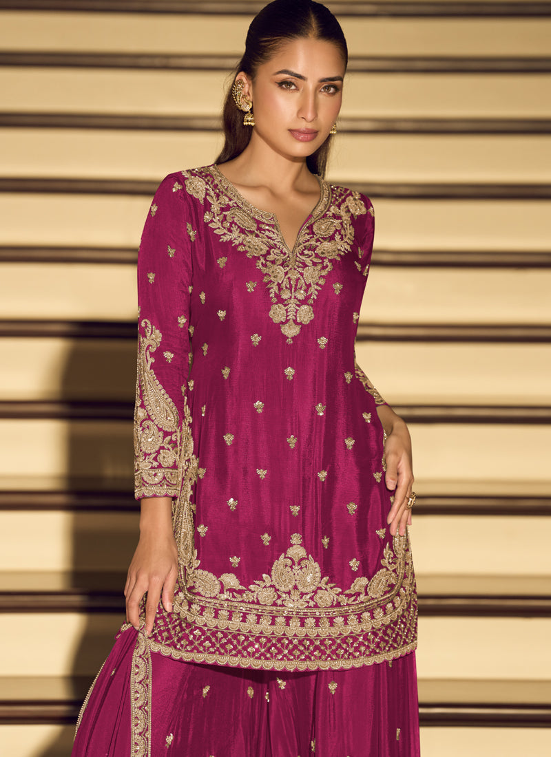Dark Pink Embroidered Chinon Silk Salwar Suit