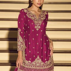 Dark Pink Embroidered Chinon Silk Salwar Suit