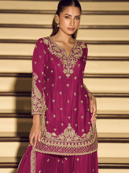 Dark Pink Embroidered Chinon Silk Salwar Suit