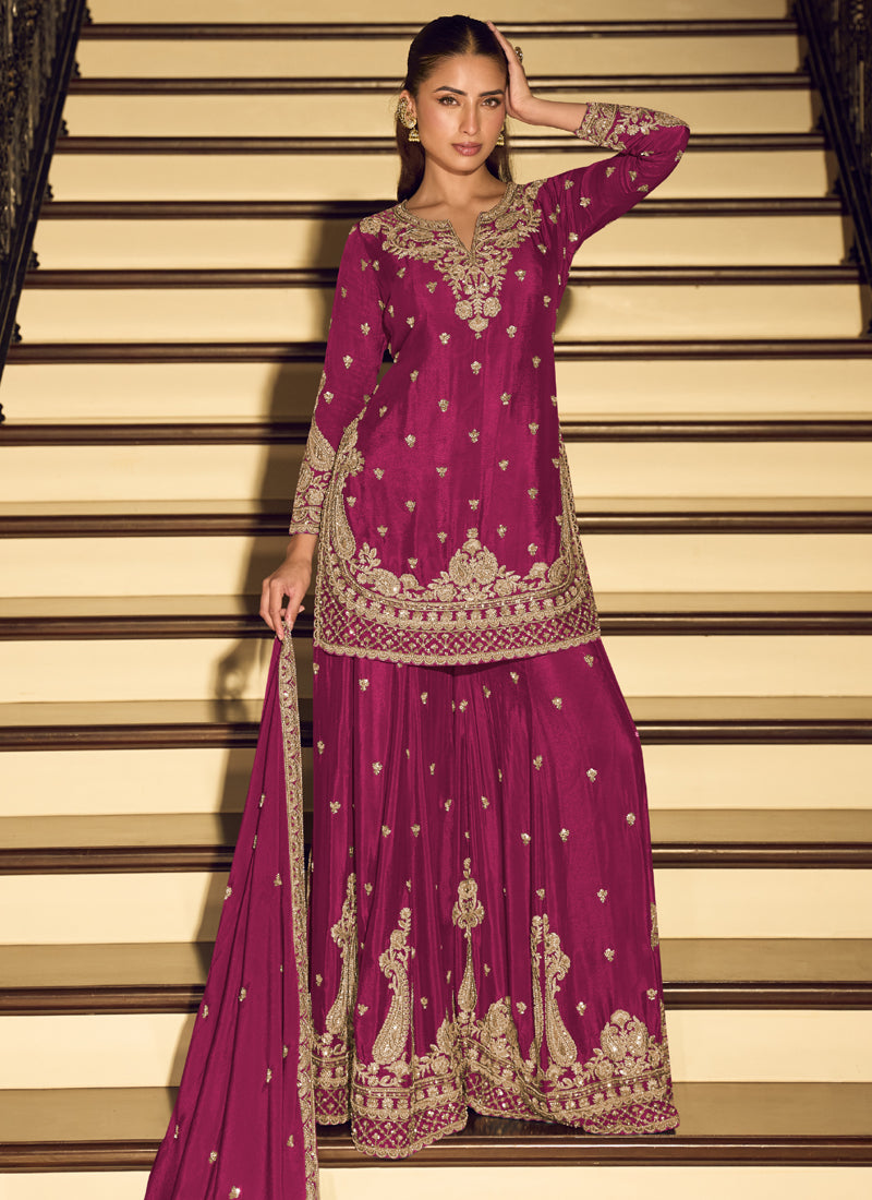 Dark Pink Embroidered Chinon Silk Salwar Suit