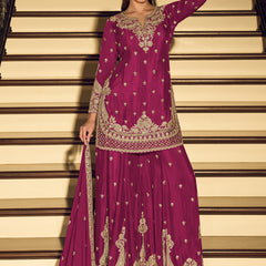 Dark Pink Embroidered Chinon Silk Salwar Suit
