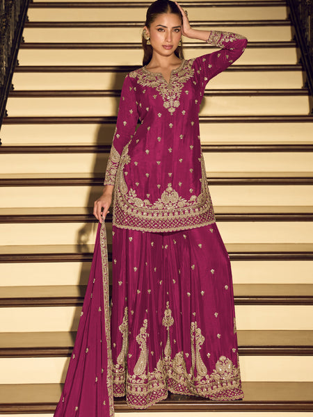 Dark Pink Embroidered Chinon Silk Salwar Suit