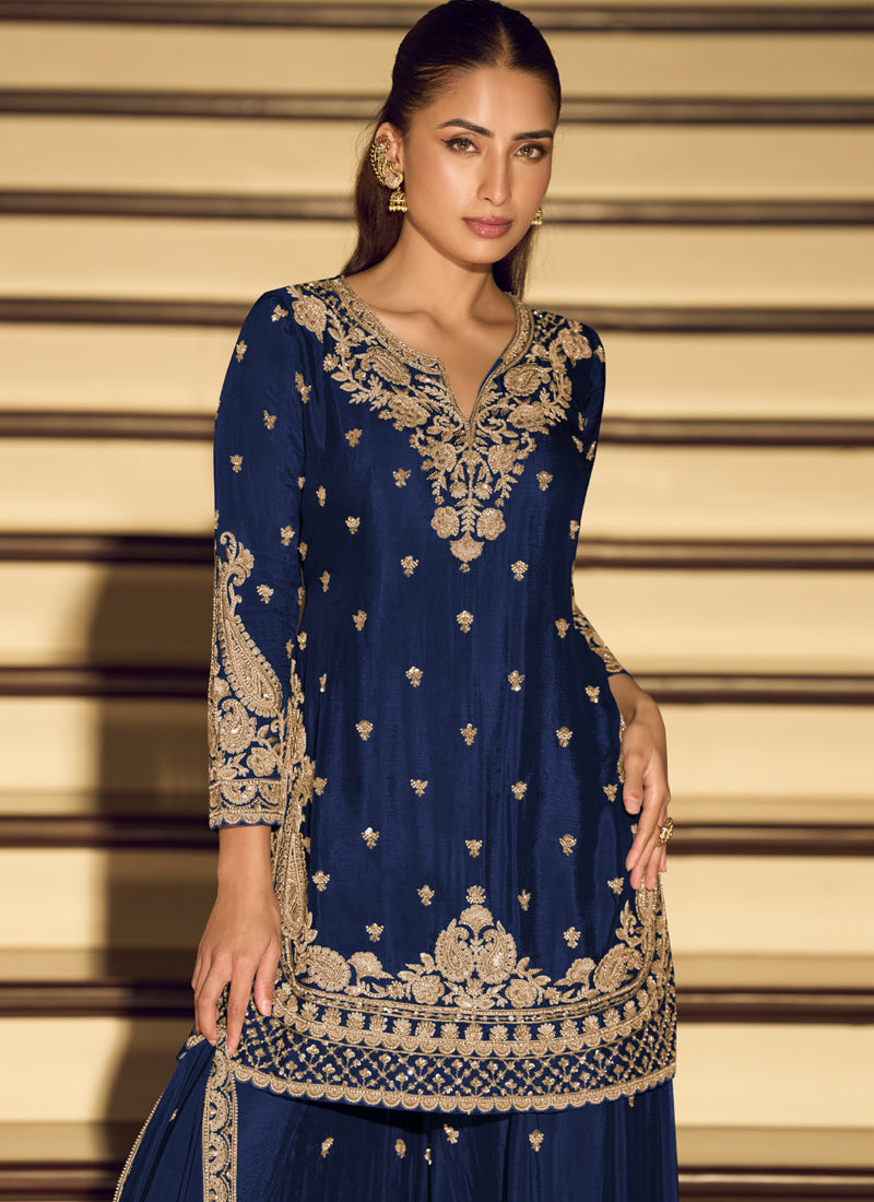 Dark Blue Embroidered Chinon Silk Salwar Suit
