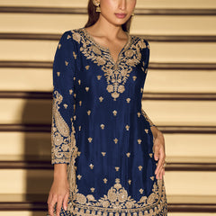 Dark Blue Embroidered Chinon Silk Salwar Suit