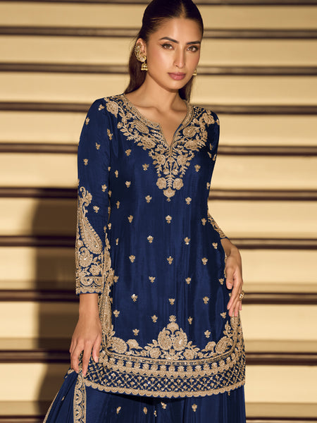 Dark Blue Embroidered Chinon Silk Salwar Suit