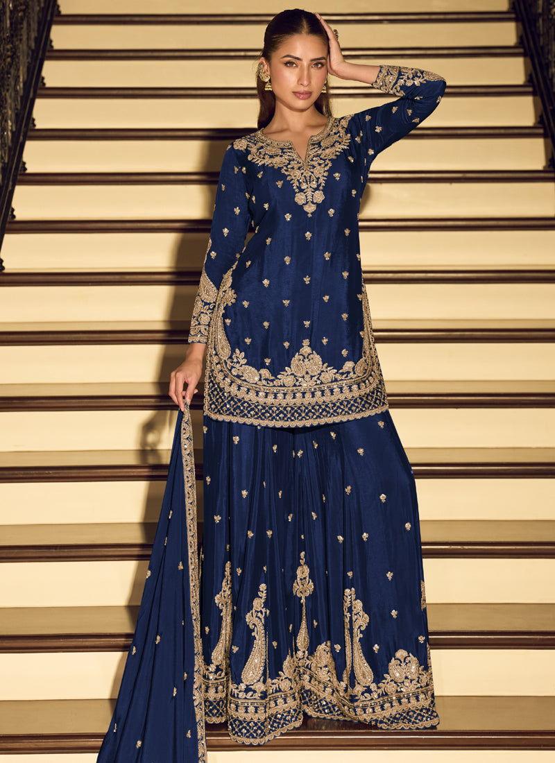 Dark Blue Embroidered Chinon Silk Salwar Suit