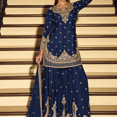 Dark Blue Embroidered Chinon Silk Salwar Suit
