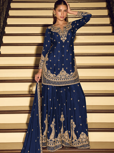Dark Blue Embroidered Chinon Silk Salwar Suit