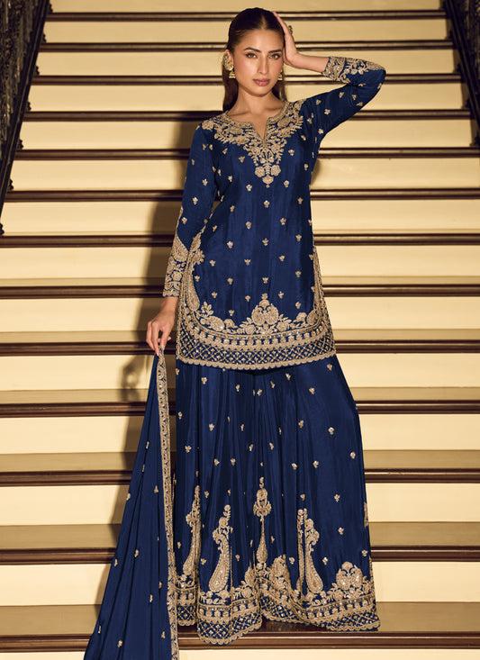 Dark Blue Embroidered Chinon Silk Salwar Suit