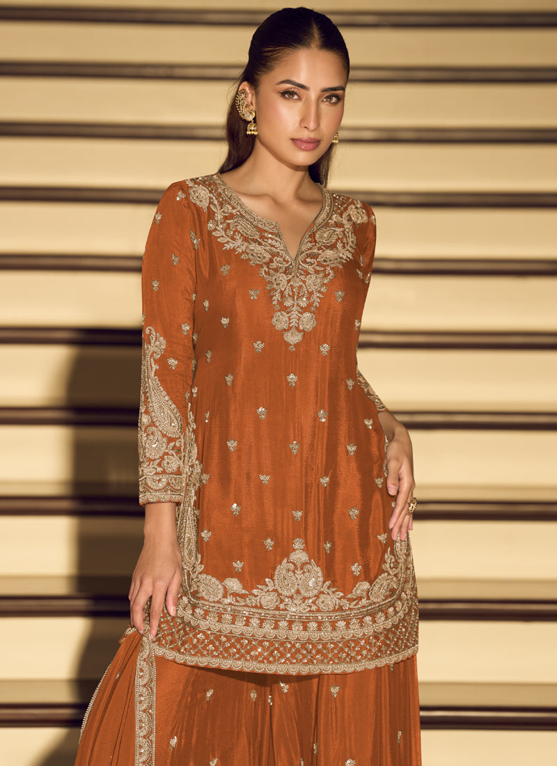 Dark Orange Embroidered Chinon Silk Salwar Suit