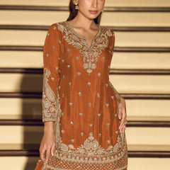 Dark Orange Embroidered Chinon Silk Salwar Suit