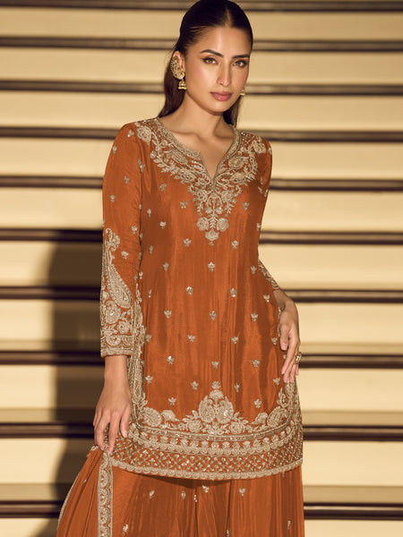 Dark Orange Embroidered Chinon Silk Salwar Suit