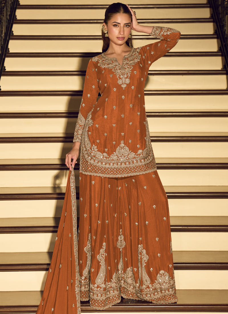 Dark Orange Embroidered Chinon Silk Salwar Suit