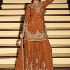Dark Orange Embroidered Chinon Silk Salwar Suit