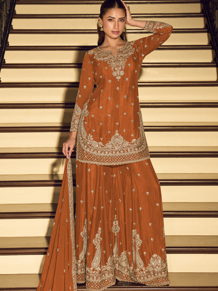 Dark Orange Embroidered Chinon Silk Salwar Suit