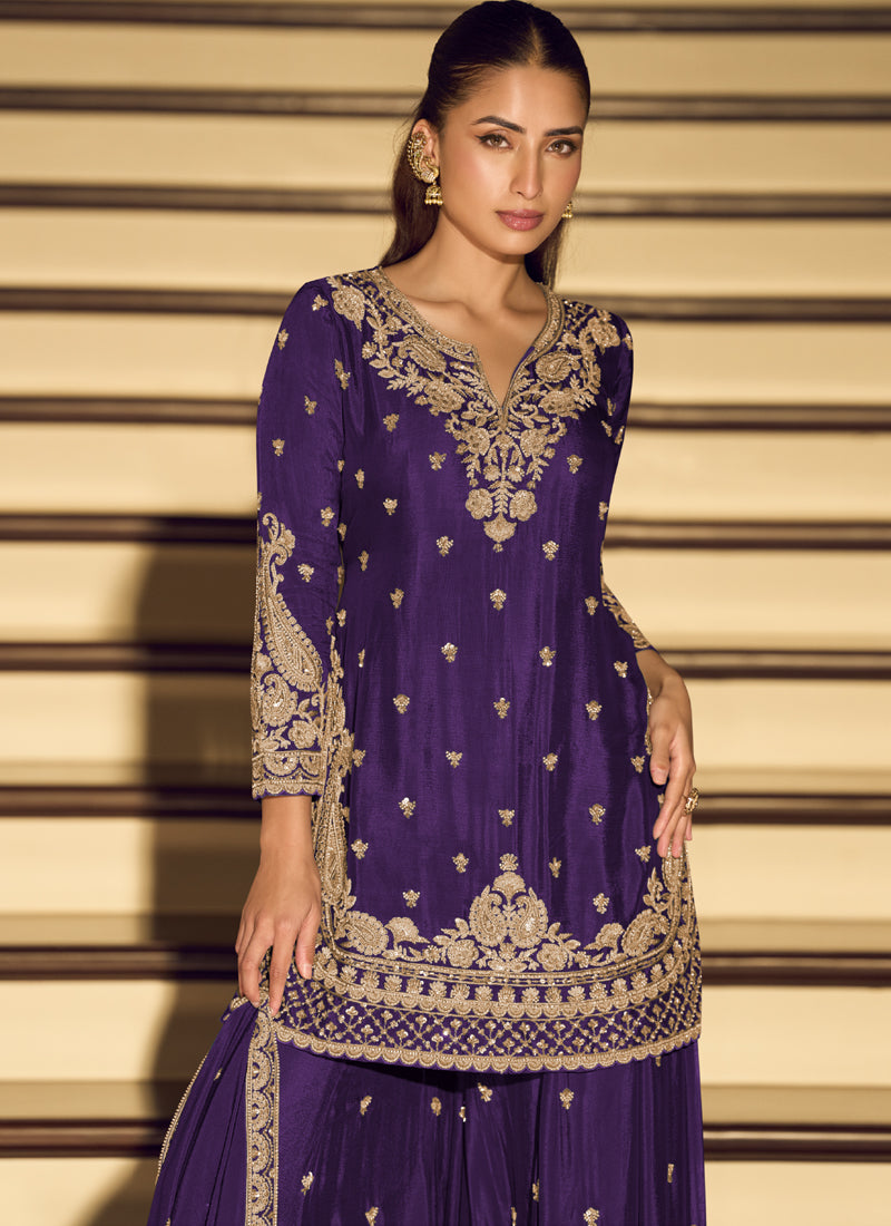Dark Purple Embroidered Chinon Silk Salwar Suit