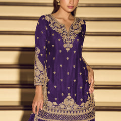 Dark Purple Embroidered Chinon Silk Salwar Suit