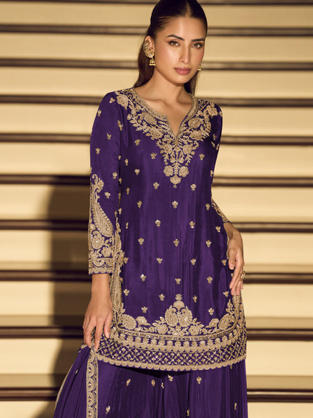 Dark Purple Embroidered Chinon Silk Salwar Suit