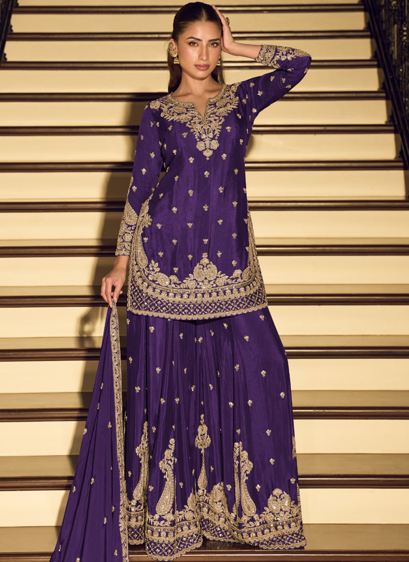 Dark Purple Embroidered Chinon Silk Salwar Suit