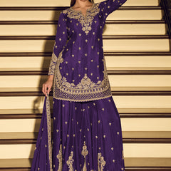 Dark Purple Embroidered Chinon Silk Salwar Suit