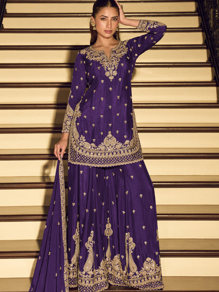 Dark Purple Embroidered Chinon Silk Salwar Suit