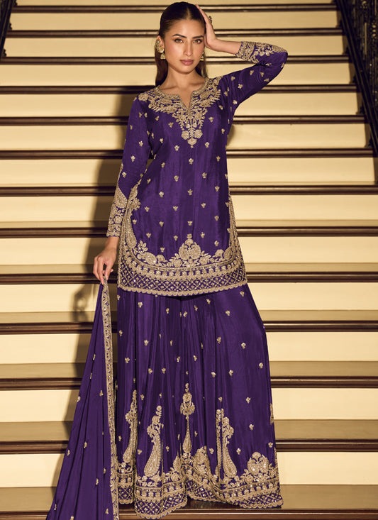 Dark Purple Embroidered Chinon Silk Salwar Suit