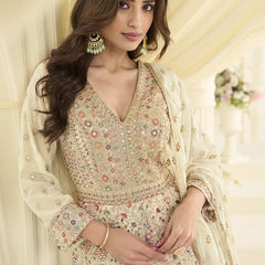 Off White Embroidered Georgette Gown Suit