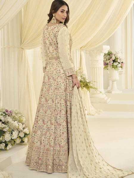 Off White Embroidered Georgette Gown Suit