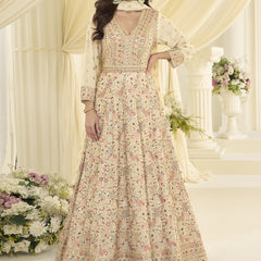 Off White Embroidered Georgette Gown Suit