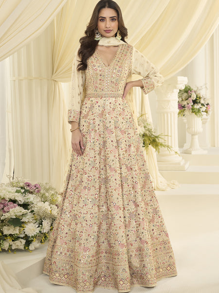 Off White Embroidered Georgette Gown Suit