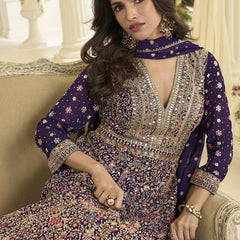 Purple Embroidered Georgette Gown Suit