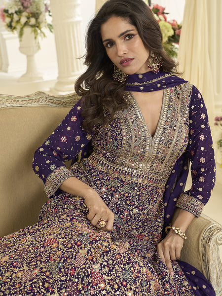 Purple Embroidered Georgette Gown Suit