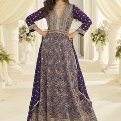 Purple Embroidered Georgette Gown Suit