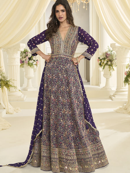 Purple Embroidered Georgette Gown Suit