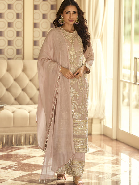 Light Peach Georgette Embroidered Beads Work Palazzo Suit