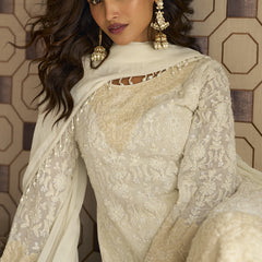 Off White Georgette Embroidered Beads Work Palazzo Suit