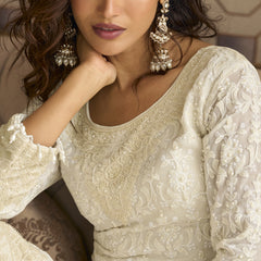 Off White Georgette Embroidered Beads Work Palazzo Suit