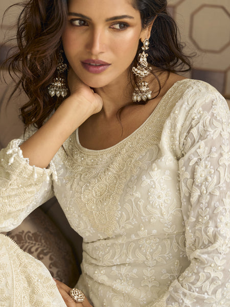 Off White Georgette Embroidered Beads Work Palazzo Suit