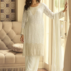 Off White Georgette Embroidered Beads Work Palazzo Suit