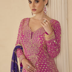 Pink Georgette Embroidered Seroski Zarkan Work Palazzo Suit