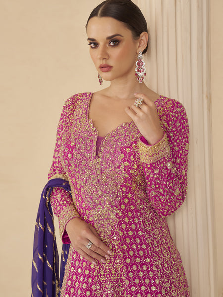 Pink Georgette Embroidered Seroski Zarkan Work Palazzo Suit