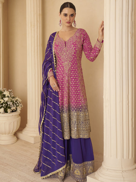 Pink Georgette Embroidered Seroski Zarkan Work Palazzo Suit